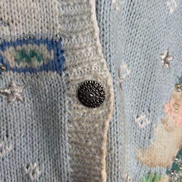 Vintage 90s Marisa Christina Christmas Pastel Blue Knit Cardigan Sweater Plus 2X - Picture 9 of 16
